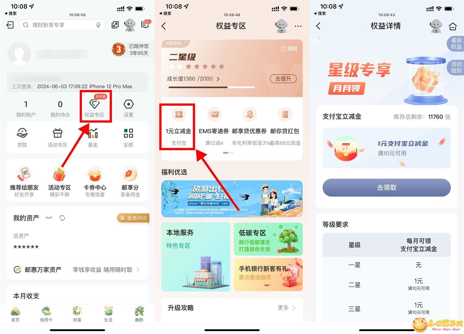 邮储每月权益星级领取1~6元
